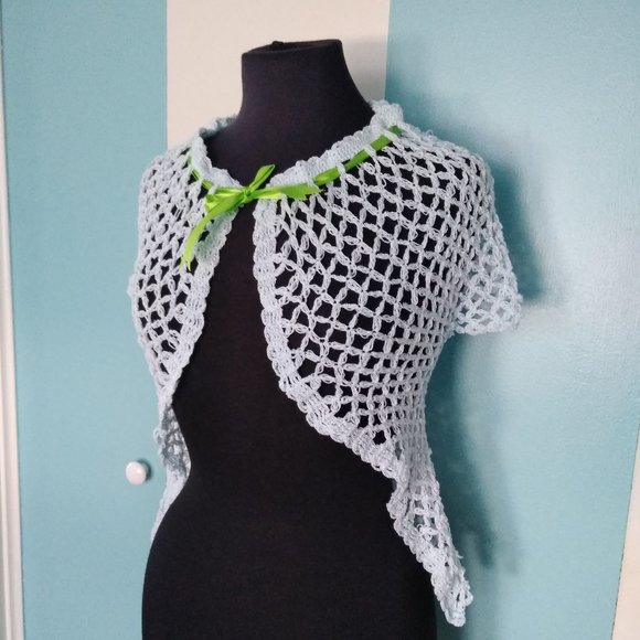 Handmade Crochet Baby Blue Vest w/ Green Ribbon - Picture 1 of 8